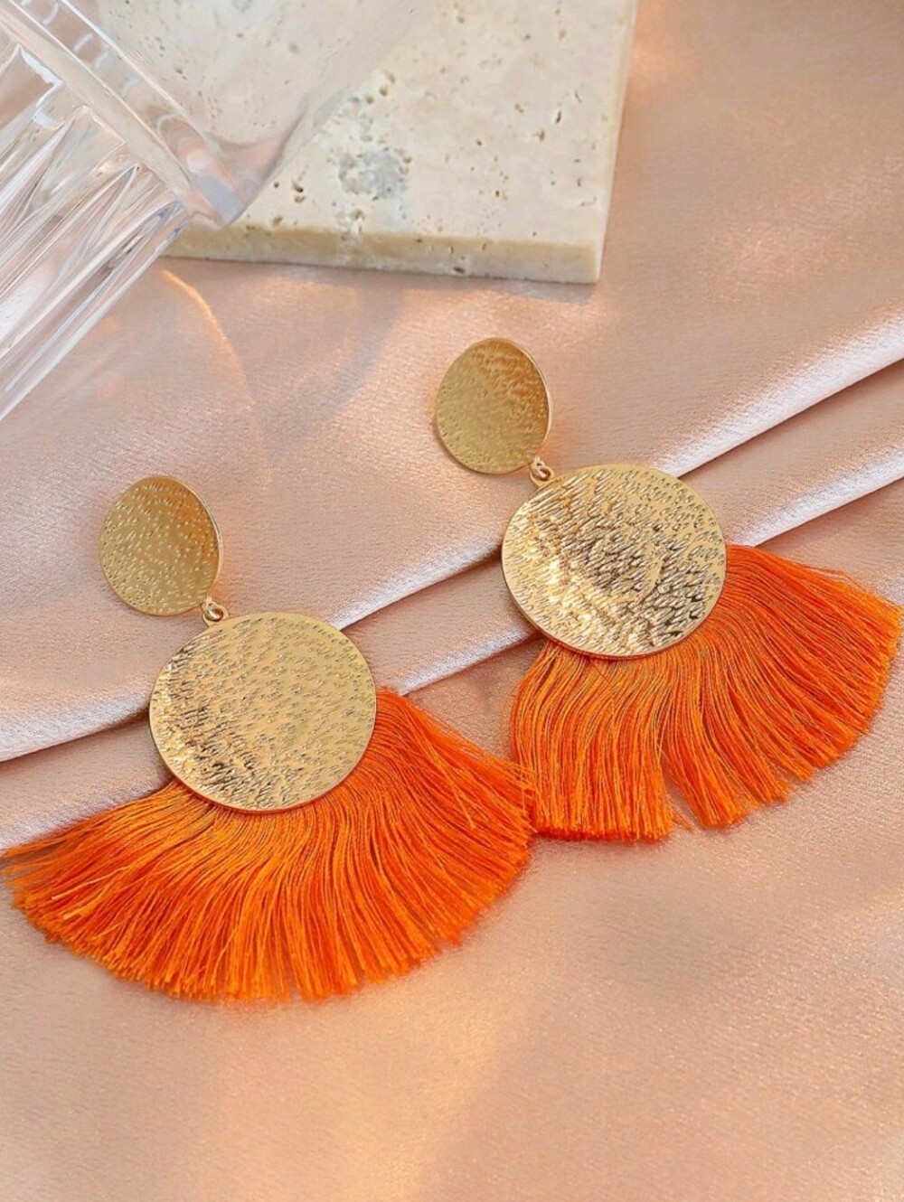 Gold Disc Orange Fringe Drop Earrings - Women Jewelry